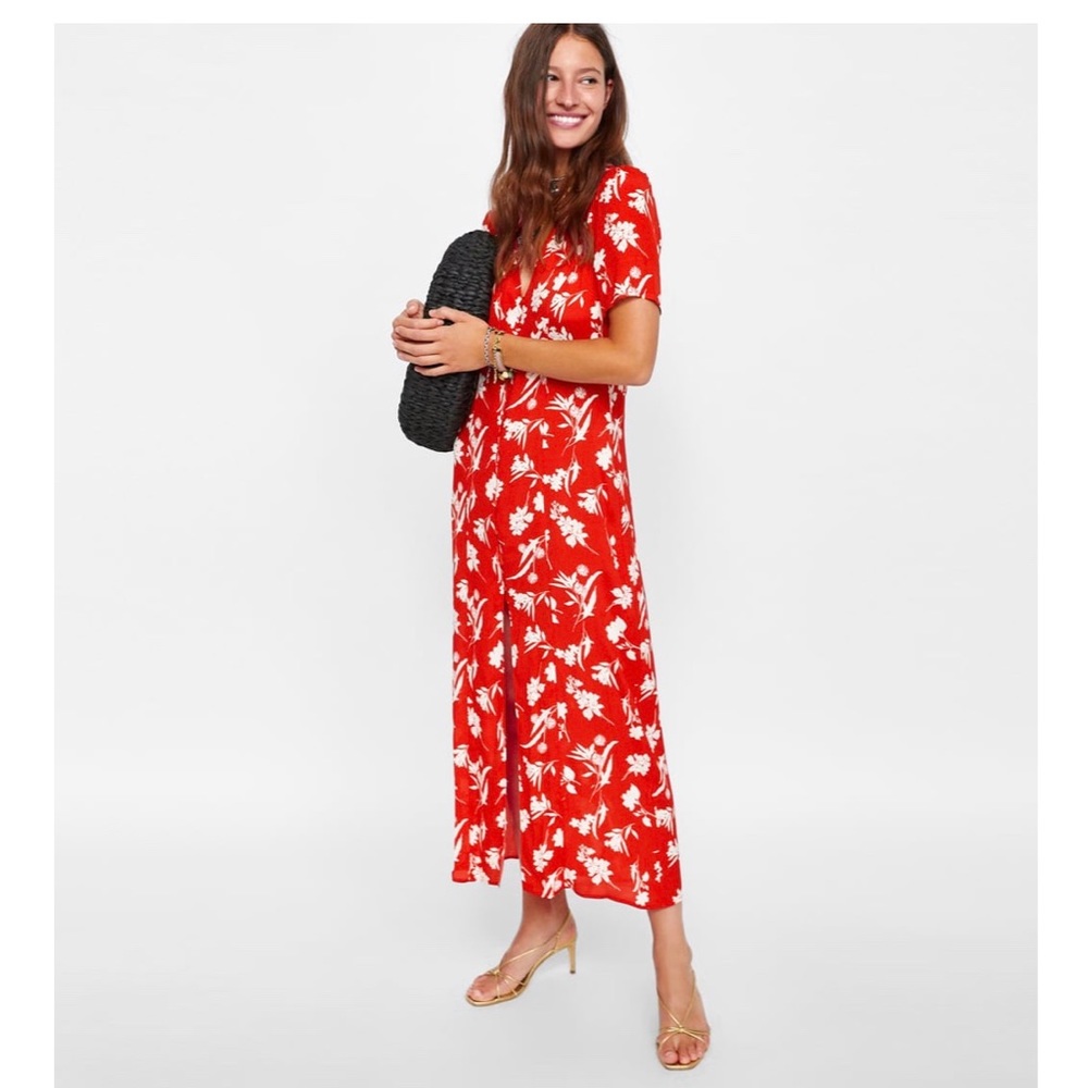 Zara red white floral midi dress. Size medium
